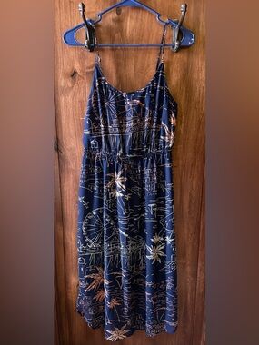 Navy Palm-Scene Summer Sundress with Elastic Waist